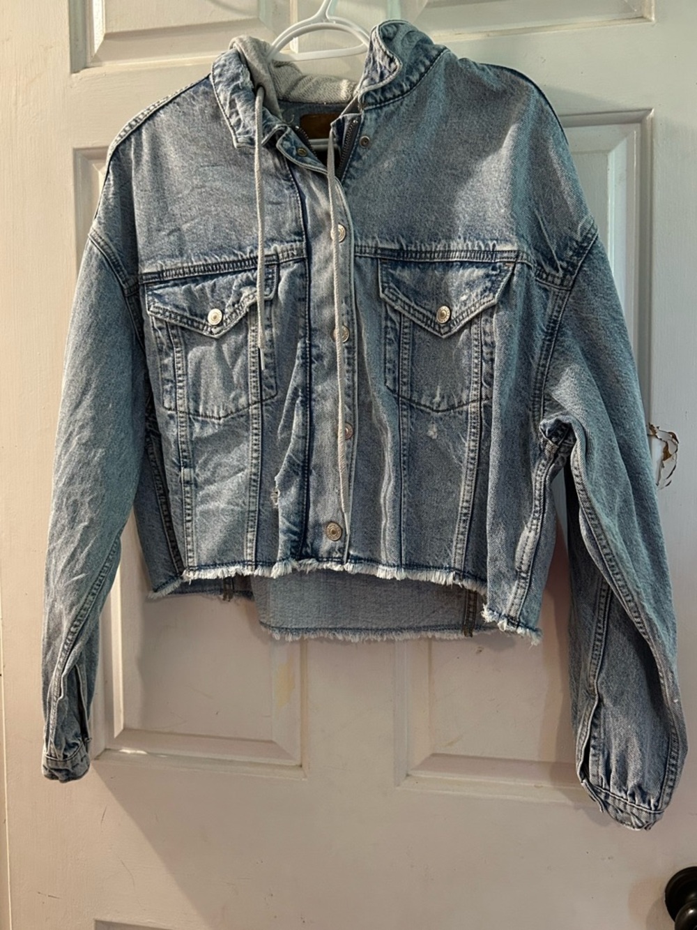 American Eagle Outfitters Light Blue Denim Jacket with Hood